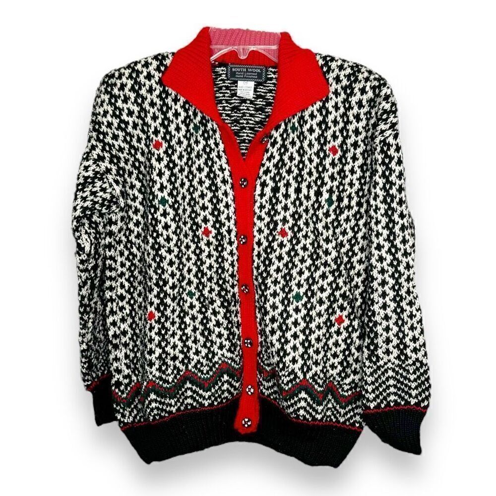 Vintage South 100% Wool Hand Loomed Finished Cardigan Collared Sweater Size SM